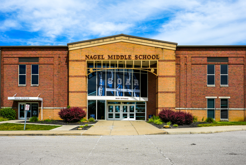 The front entrance to Nagel Middle School